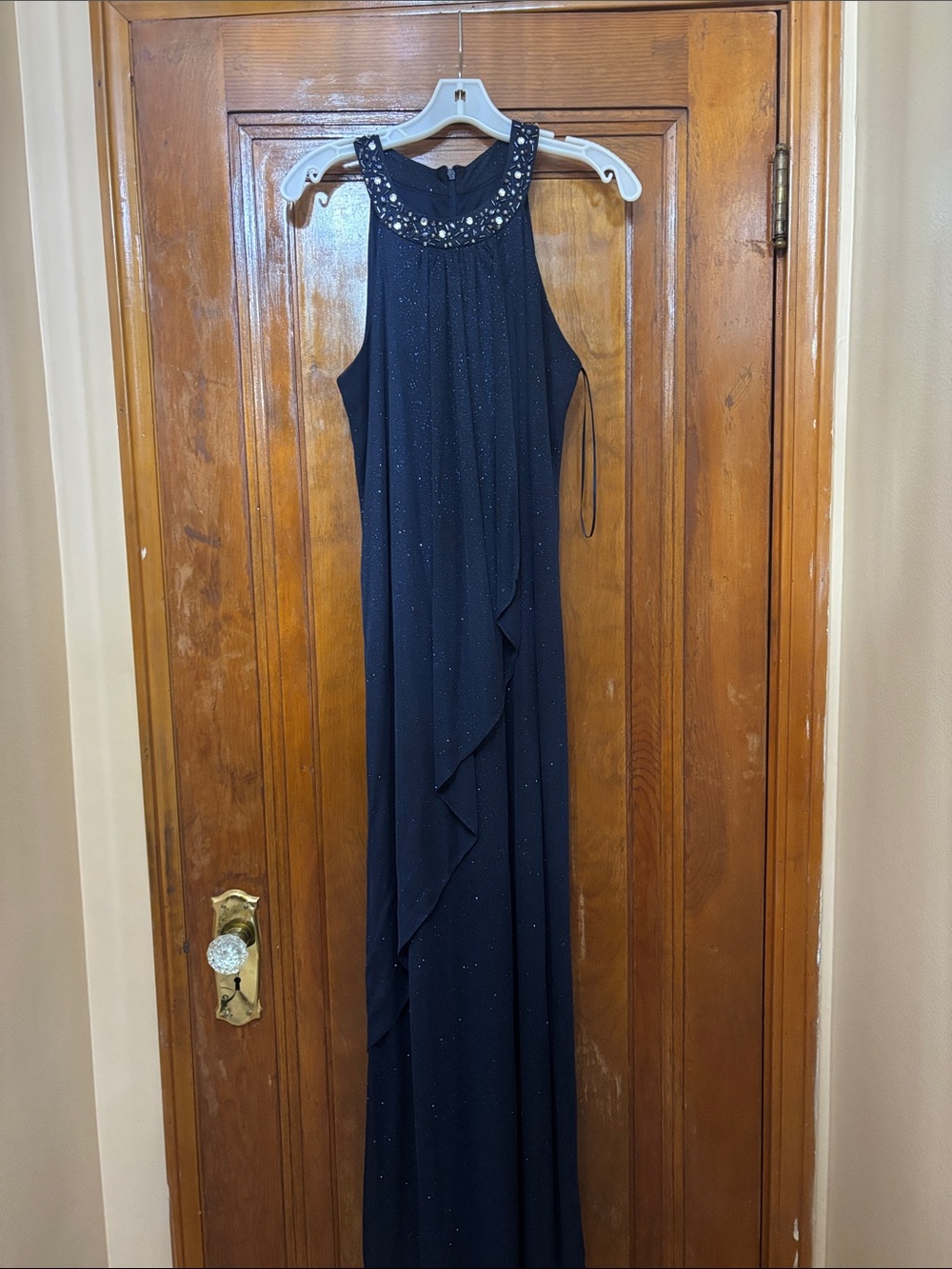 SLNY Navy Beaded Halter Maxi Dress